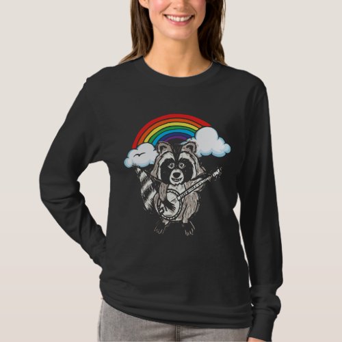 Raccoon Playing Banjo Funny  70s Rainbow Cute Ani T_Shirt