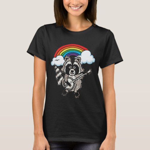 Raccoon Playing Banjo Funny  70s Rainbow Cute Ani T_Shirt