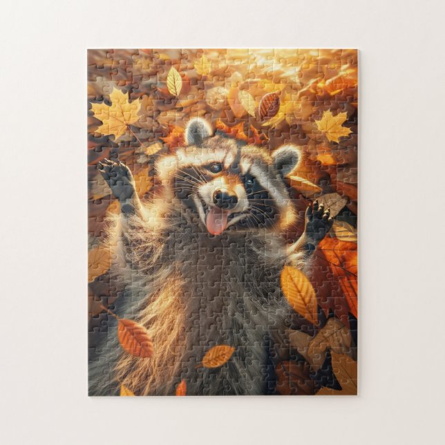 Raccoon Playing in the Autumn Leaves Jigsaw Puzzle (Vertical)