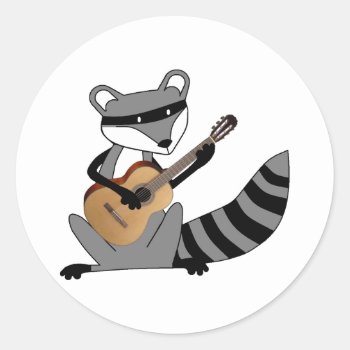 Raccoon Playing The Guitar Classic Round Sticker by wesleyowns at Zazzle