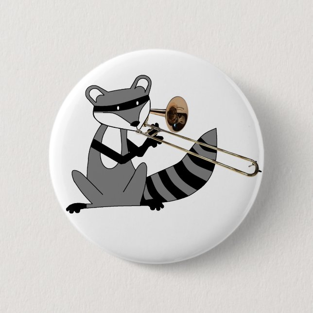 Raccoon Playing the Trombone Pinback Button (Front)