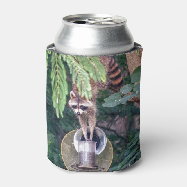 Raccoon Raiding the Bird Feeder Can Cooler (Can Front)