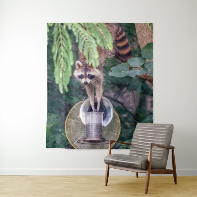 Raccoon Raiding the Bird Feeder Tapestry (In Situ)
