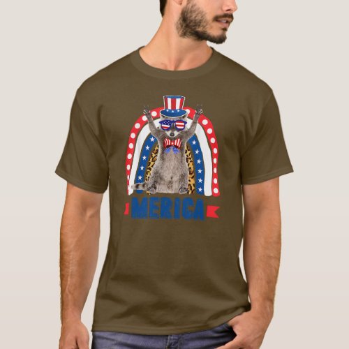 Raccoon Rainbow Leopard Merica Flag 4th of July T_Shirt