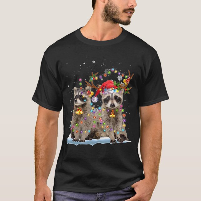 Raccoon Reindeer Xmas Light Christmas T-Shirt (Front)