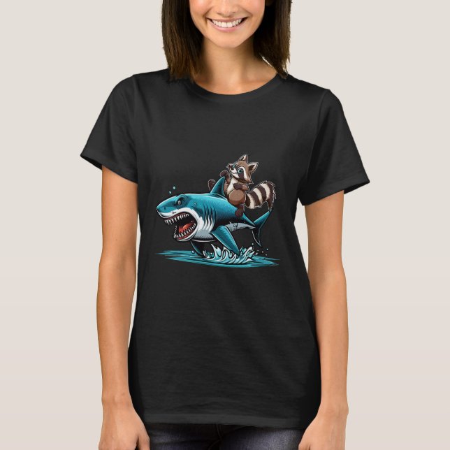 Raccoon Riding Shark Costume Sea Animal Lover Kids T-Shirt (Front)
