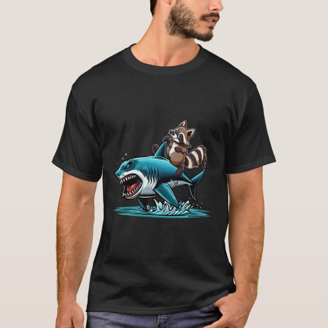 Raccoon Riding Shark Costume Sea Animal Lover Kids T-Shirt (Front)