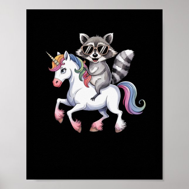 Raccoon Riding Unicorn Cute Animal Fantasy For Kid Poster (Front)