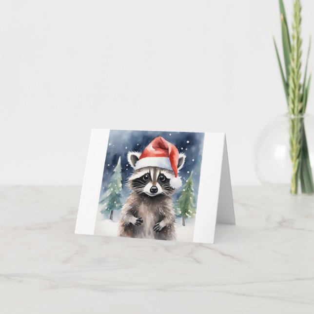 Raccoon Santa Hat Christmas Card (Front)