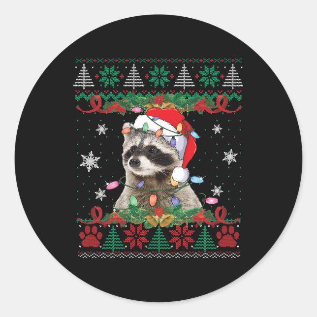 Raccoon Santa Hat Christmas Ugly Sweater Animals L Classic Round Sticker (Front)
