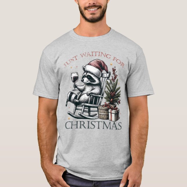 Raccoon Santa Hat Drinking Wine Christmas Festive T-Shirt (Front)