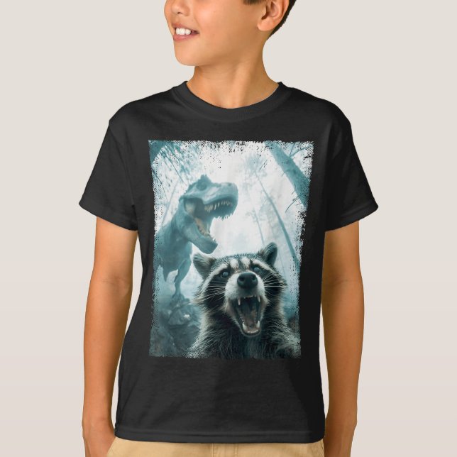 Raccoon Selfie With Tyrannosaurus T Rex Adventure  T-Shirt (Front)