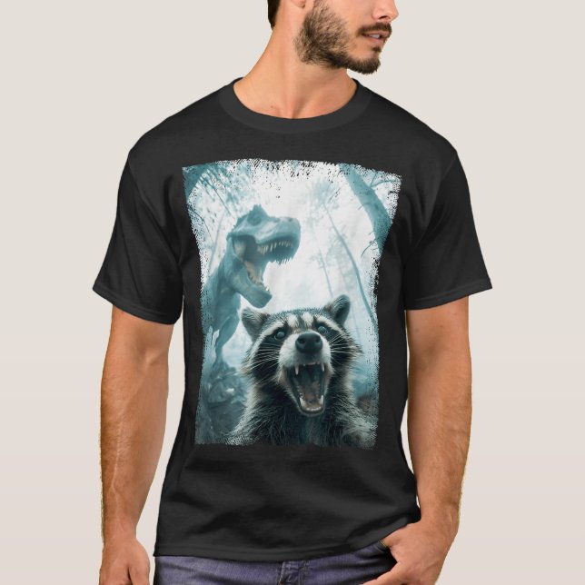 Raccoon Selfie With Tyrannosaurus T Rex Adventure  T-Shirt (Front)