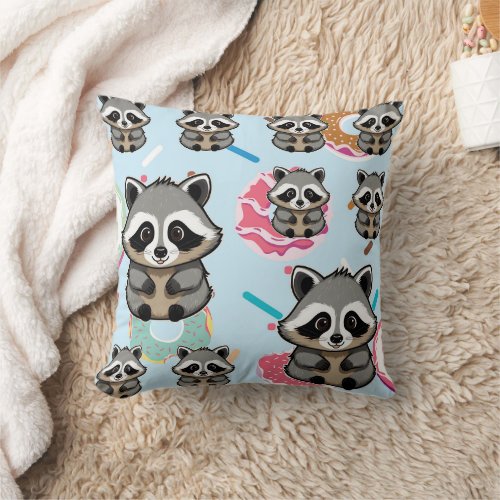 Raccoon Sitting Sweet Background Print  Throw Pillow