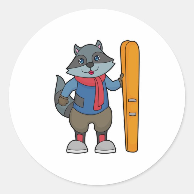Raccoon Skier Ski Classic Round Sticker (Front)