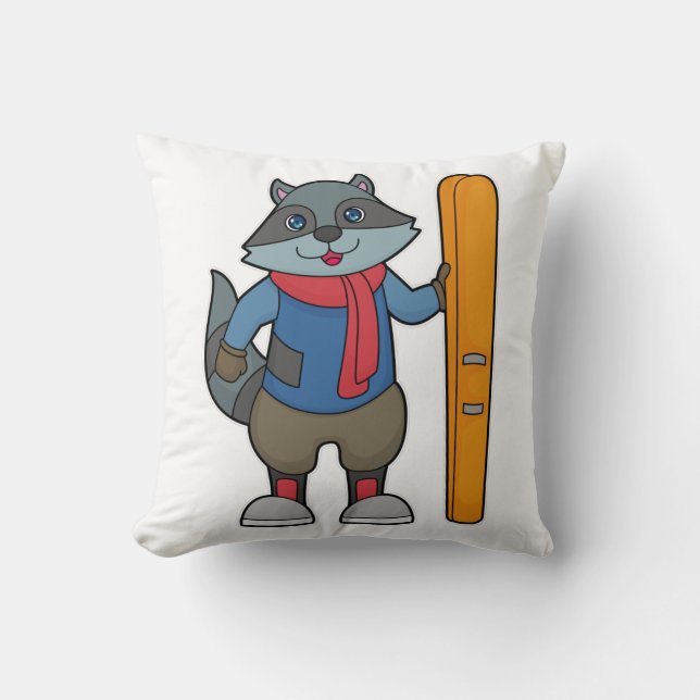 Raccoon Skier Ski Throw Pillow (Front)