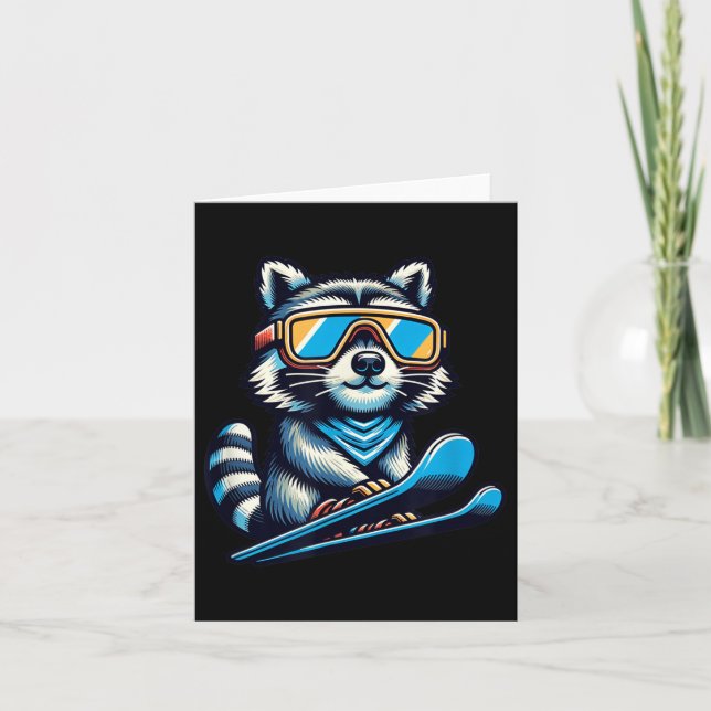 Raccoon Skiing Funny Winter And Outdoors Cute And  Card (Front)