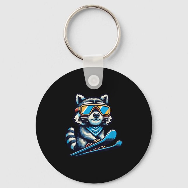 Raccoon Skiing Funny Winter And Outdoors Cute And  Keychain (Front)
