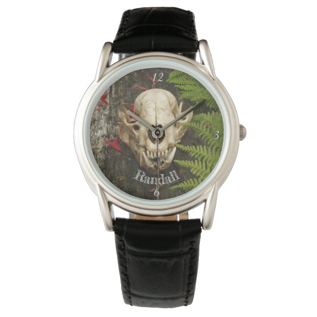 Raccoon skull old log ferns & red bee balm petals watch (Front)