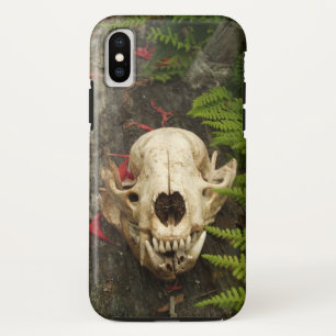 Raccoon Skull On Old Log With Ferns And Red Petals iPhone X Case