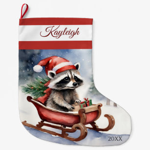 Raccoon Sledding Large Christmas Stocking