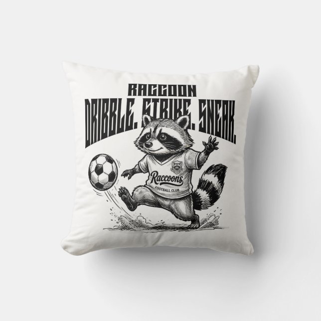 "Raccoon Soccer Star - Dribble Strike Sneak " Throw Pillow (Front)