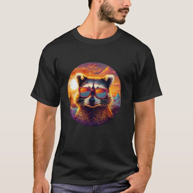 Raccoon Sunset Forest Nature Lover Mountains Hikin T-Shirt (Front)