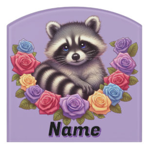 Raccoon Surrounded by Vibrant Colorful Roses Door Sign