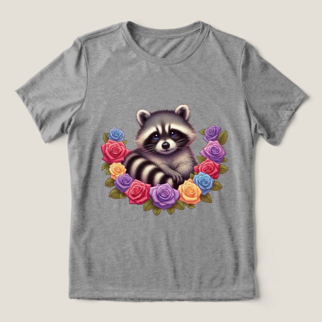 Raccoon Surrounded by Vibrant Colorful Roses  Tri-Blend Shirt (Design Front)
