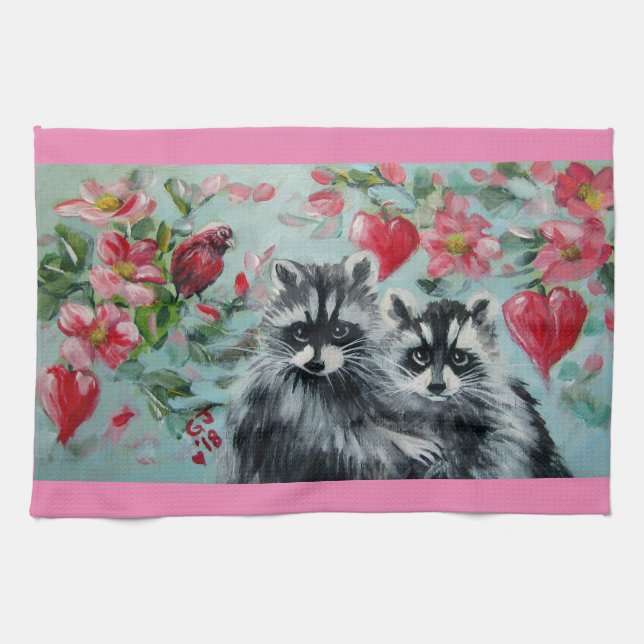 Raccoon Sweethearts Kitchen Towels (Horizontal)
