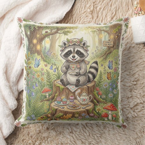Raccoon Tea Party Throw Pillow
