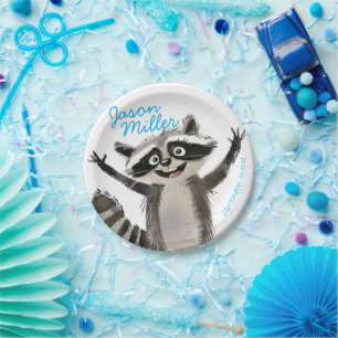 Raccoon themed birthday party for baby turning 1 paper plates