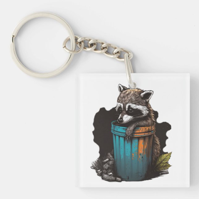 Raccoon trash panda with his trash can  keychain (Front)