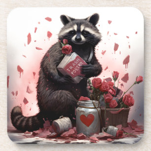 Raccoon trash poetry Valentines day Beverage Coaster