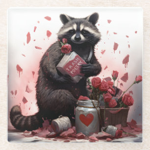 Raccoon trash poetry Valentines day Glass Coaster