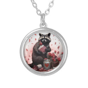 Raccoon trash poetry Valentines day Silver Plated Necklace