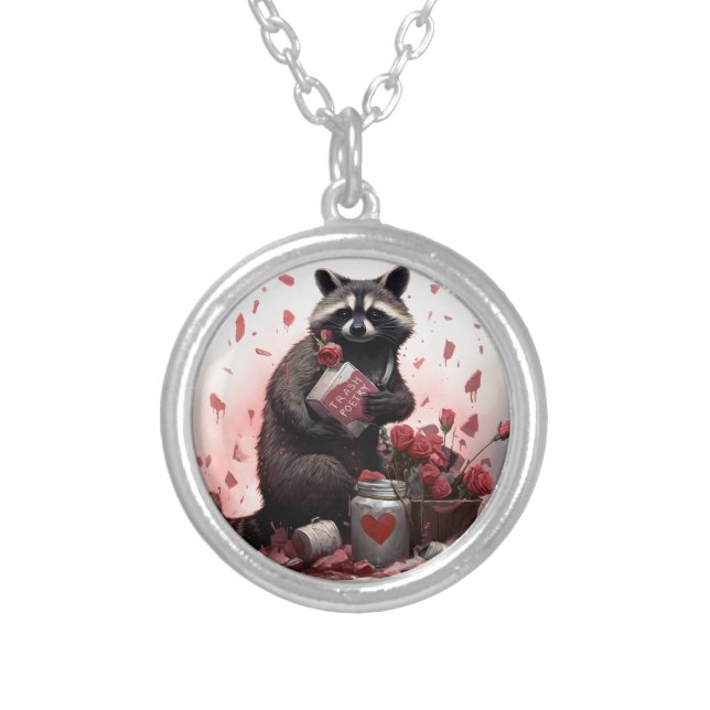 Raccoon trash poetry Valentines day Silver Plated Necklace (Front)