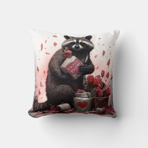 Raccoon trash poetry Valentines day Throw Pillow