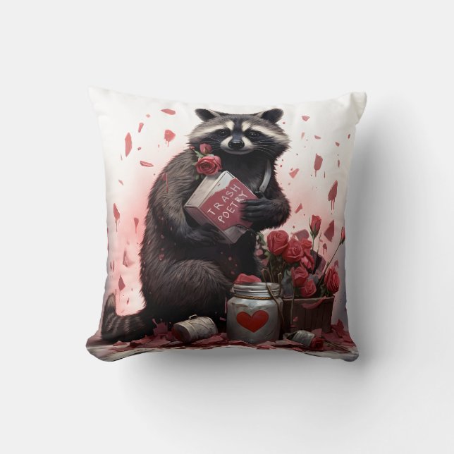 Raccoon trash poetry Valentines day Throw Pillow (Front)