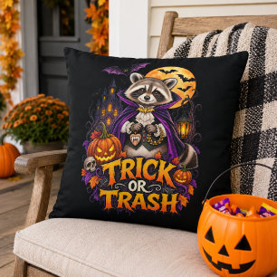Raccoon Trick or Trash Vampire Halloween Throw Pillow