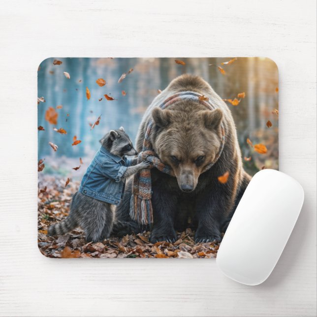 Raccoon Tying a Scarf On a Bear Mouse Pad (With Mouse)