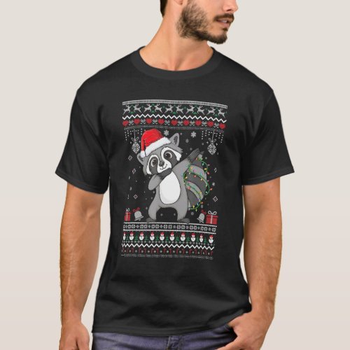 Raccoon Ugly Christmas Pajama Xmas Light Santa Hat T_Shirt