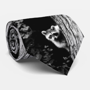 Raccoon Up in a Tree Black and White Menswear Tie