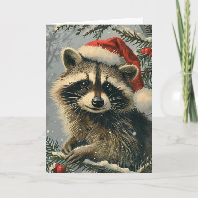 Raccoon vintage personalized Christmas Holiday Card (Front)