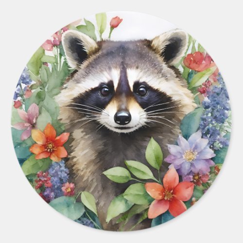 Raccoon Watercolor Floral Art Classic Round Sticker