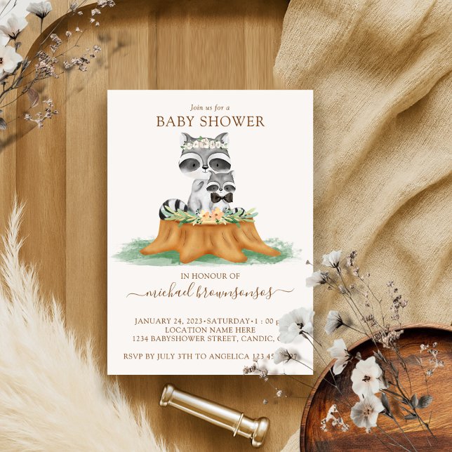 Raccoon Watercolor Mommy Baby Boy Shower Invitation (Creator Uploaded)