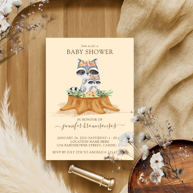 Raccoon Watercolor Mommy Baby Shower Invitation