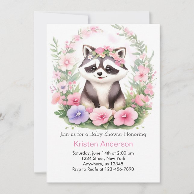 Raccoon Watercolor Wonderland Girl Baby Shower Invitation (Front)