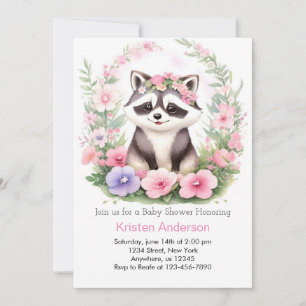 Raccoon Watercolor Wonderland Girl Baby Shower Invitation