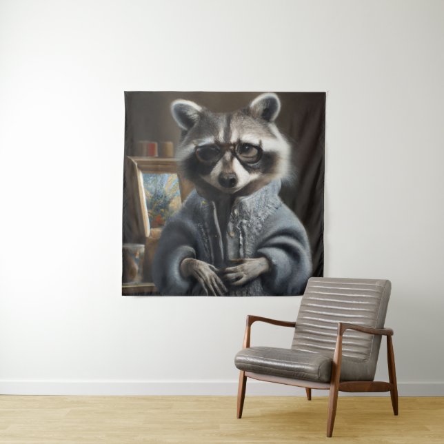 Raccoon wearing a tricot coat and glasses funny po tapestry (In Situ)